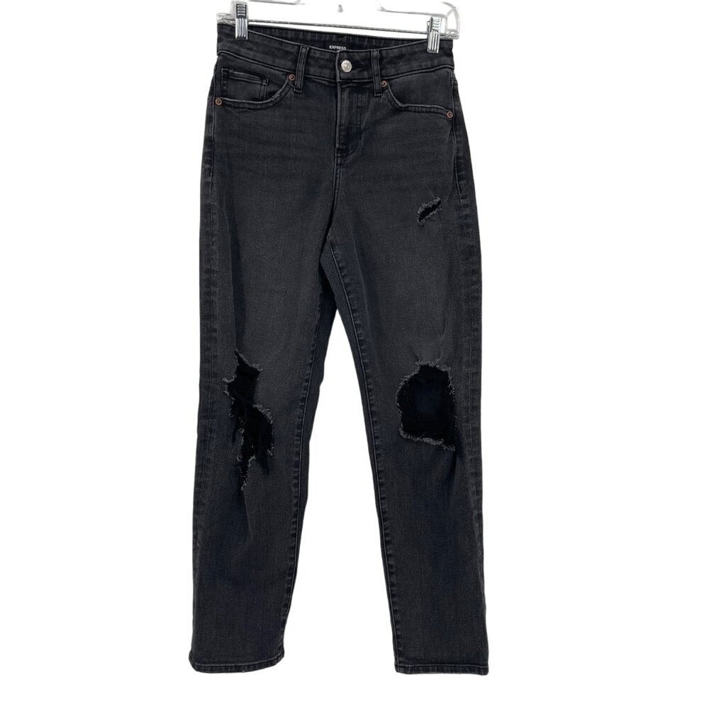 Express Boyfriend Distressed Relaxed Jeans Women's 0 Black Charcoal Baggy